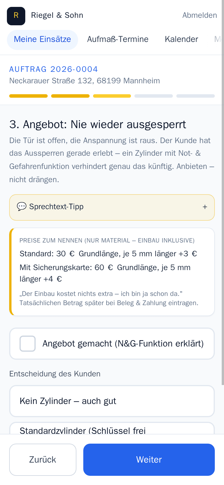 Wizard-Schritt Zylinderwahl – Standard oder Sicherheit, mit Not- und Gefahrenfunktion